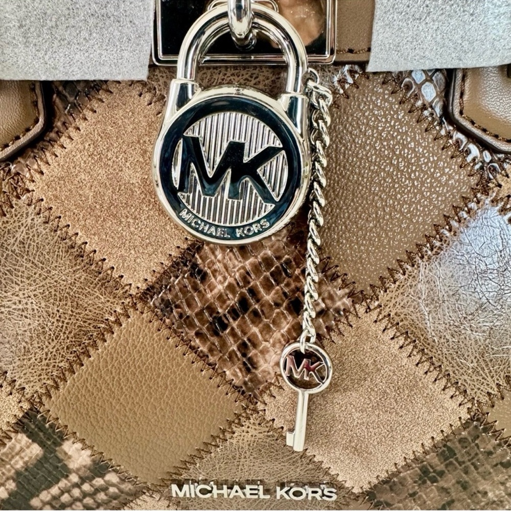 NWT Michael Kors Hamilton Small Patchwork and Snake Embossed Satchel Driftwood